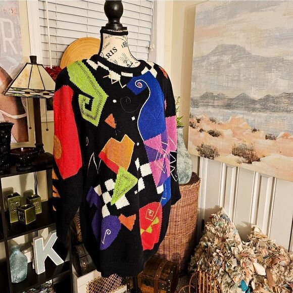 Vtg I.B Diffusion Sweater 90's Bold Retro Geometric Print Embellished Rhinestone - Picture 9 of 15